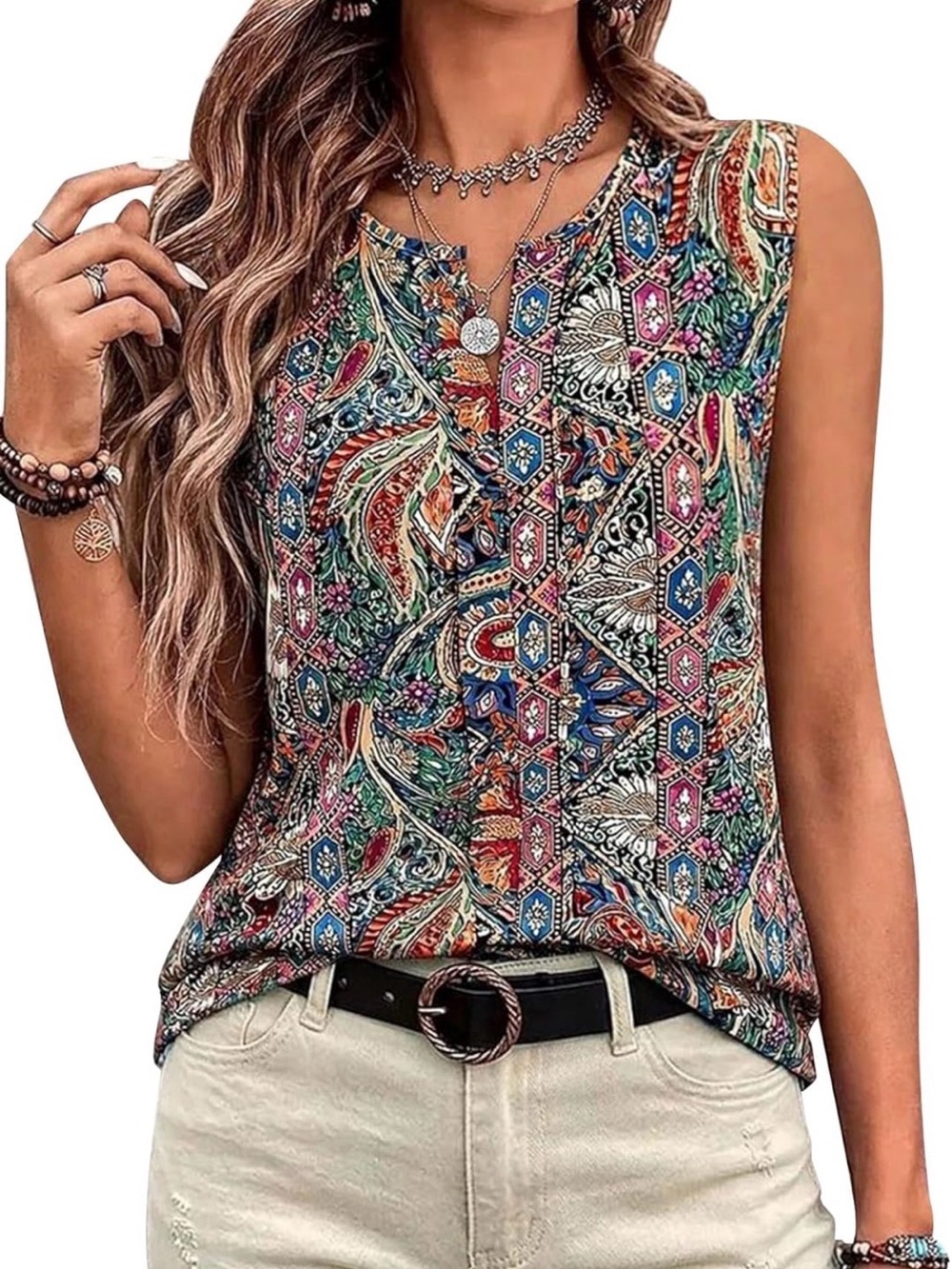 Flamingals Notched Neck Tank Tank Tops Paisley & Floral Pattern L PS6-13